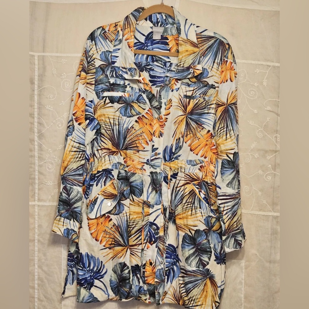 CHICO’S Dress HAWAIIAN  floral Linen Snap up Pocket Drawstring w/ Slits XL size